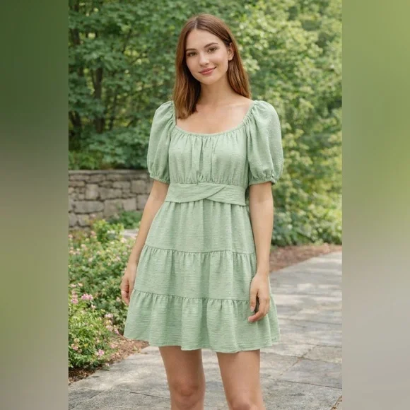 Eclipse Light Green Puff Sleeve Mini Dress Large - Picture 1 of 7